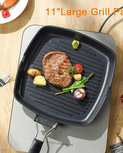 SKITCHN Nonstick Grill Pan With Folding Handle - Induction Compatible KBBQ Pan for Stove Tops, Indoor Square BBQ Grilling With Pour Spouts - 11 in