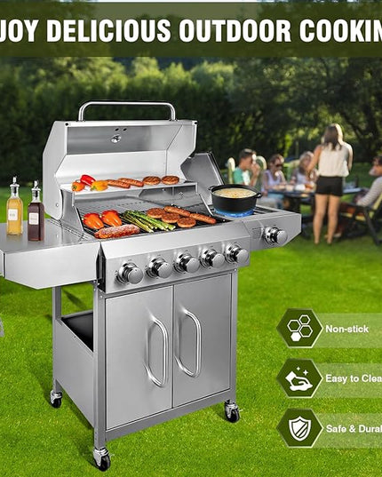 Bestfire 68,000 BTU 5 Burner Propane Gas Grill with Side Burner-Professional-Grade Stainless Steel Outdoor BBQ Grill-647 sq in Cooking Space&Porcelain Cast Iron Grrates-Patio Cart Design for Backyard