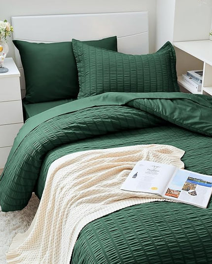 HYMOKEGE Emerald Green Twin XL Comforter Set Seersucker 5 Pieces, All Season Luxury Bed in a Bag for Bedroom, Bedding Set with Comforter, Sheets, Pillowcase & Sham