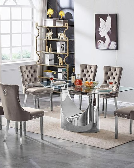 7 Piece Dining Table Set, Modern Glass Dining Table Set for 6 with Velvet Chairs, 70" Luxury Dining Table Chairs Set of 6, Kitchen Dining Room Sets for Dinner Dinette Breakfast Banquet, Grey+Silver