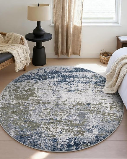 Modern Abstract 8x8 Round Area Rug Non Slip Non Shedding Rug Low Pile Stain Resistant for Bedroom Living Room Office Dining Room,Navy