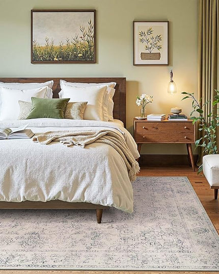 jinchan 5x7 Ivory Area Rugs for Living Room – Machine Washable Vintage Floral Soft Stain Resistant Low Pile Rug, Non Slip Ultra-Thin Carpet for Bedroom Dining Room Home Office Nursery (5'x7', Ivory)