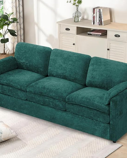 89" Chenille 3 Seats Sofa with 2 Pillows, Modern Upholstered Sofa with Deeper Seats, Comfy Sofa with Thickened Cushions for Living Room, Apartment, Teal
