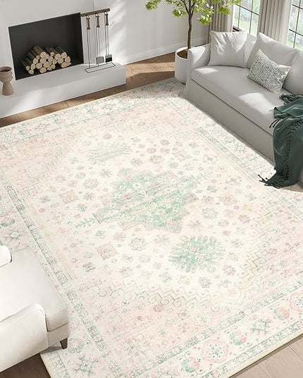 MUJOO 9x12 Area Rug,Washable Rugs for Living Room Bedroom Dining Room,Boho Large Non Slip Throw Carpet Indoor,Low Pile Light Pink and Green