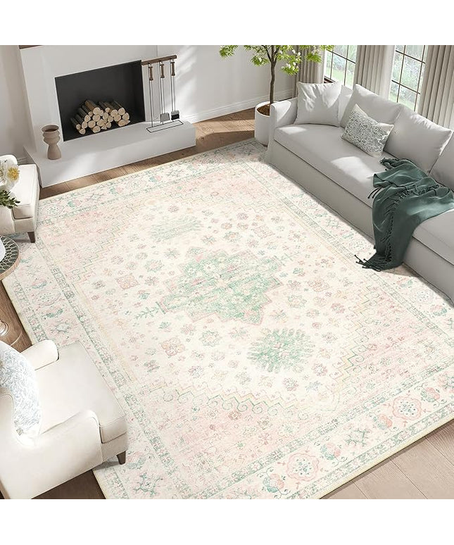 MUJOO 9x12 Area Rug,Washable Rugs for Living Room Bedroom Dining Room,Boho Large Non Slip Throw Carpet Indoor,Low Pile Light Pink and Green