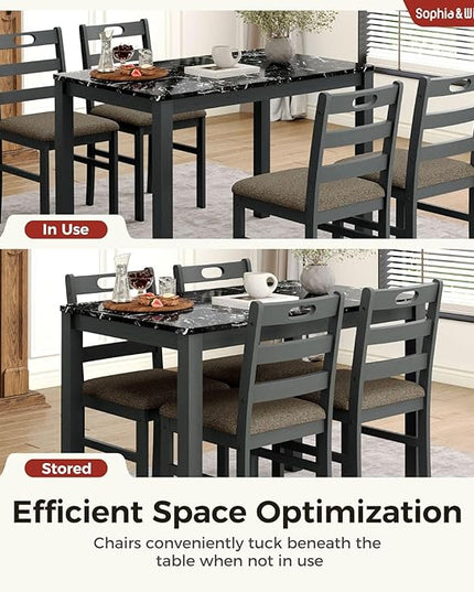 Sophia & William 5 Piece Dining Table Set for 4, Faux Marble Kitchen Table and Chairs Set, Solid Wood Farmhouse Dinner Table Set,Veined Black Marble & Gray