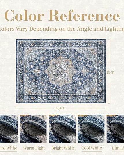 PADOOR-Vintage Area Rug 8X10 Rugs for Living Room-Soft Blue Rugs for Bedroom-Machine Washable Rug Non Slip Carpet-Rug for Dining Room Living Room Bedside Office