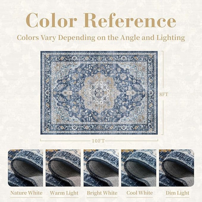 PADOOR-Vintage Area Rug 8X10 Rugs for Living Room-Soft Blue Rugs for Bedroom-Machine Washable Rug Non Slip Carpet-Rug for Dining Room Living Room Bedside Office
