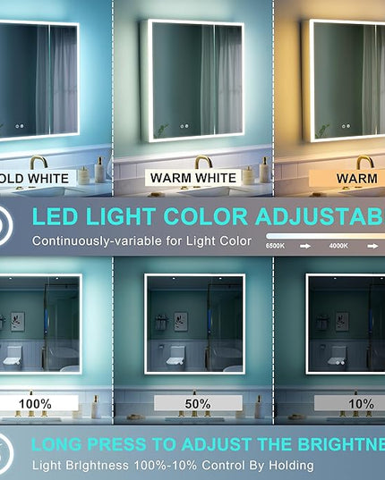 WELLFOR 30" X 30" Medicine Cabinet with Lights, 3X Magnification, Anti-Fog Mirrored Cabinet, Bathroom Vanity Medicine Cabinet with Outlets & USB Ports, Double Doors