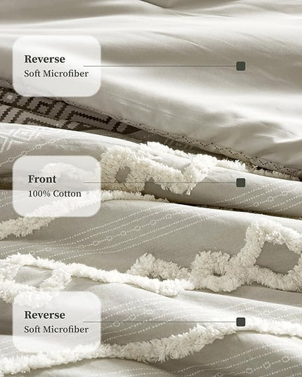 Hyde Lane Farmhouse Comforter Set Gray, Full/Queen Size Boho Bedding Sets, Cotton Top with Modern Neutral Style Clipped Jacquard Stripes, 3-Pieces Including Matching Pillow Shams (90x90 inches)