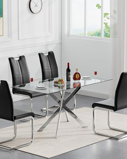 HomVent 5 Pieces Rectangular Glass Dining Table Set, Glass Kitchen Table Set for 4 Dinner Table Set with 4 PU Dining Chairs for Kitchen Dining Room