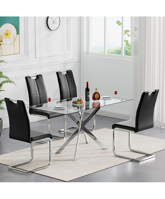 HomVent 5 Pieces Rectangular Glass Dining Table Set, Glass Kitchen Table Set for 4 Dinner Table Set with 4 PU Dining Chairs for Kitchen Dining Room