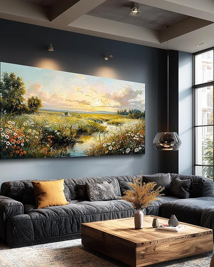 XIGUANGART Rustic Landscape Wall Art Canvas Prints Nature River Meadow flowers Large Wall Decor Sunset Pastoral Abstract Pictures Modern Artwork for Living Room Bedroom Kitchen Office Home Decorations