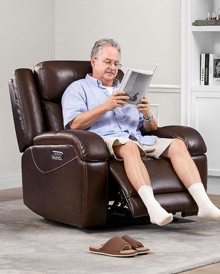 Watson & Whitely Genuine Leather Power Recliner Chairs for Adults, Wall Hugger RV Recliner with Power Headrest & Charging Ports, Electric Recliner Sofa Chair for Living Room, Dark Brown