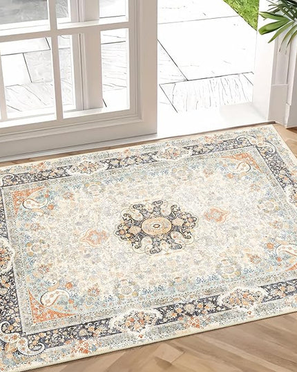 Small Rugs 2x3,Vintage Rug for Entryway Bathroom Bedroom Kitchen Entrance Doormat,Boho Bohemian Distressed Washable Accent Floor Throw Carpet Non Slip,Retro Blue Grey Floral