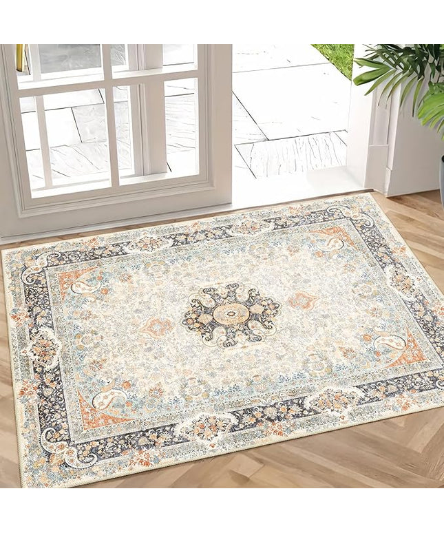 Small Rugs 2x3,Vintage Rug for Entryway Bathroom Bedroom Kitchen Entrance Doormat,Boho Bohemian Distressed Washable Accent Floor Throw Carpet Non Slip,Retro Blue Grey Floral