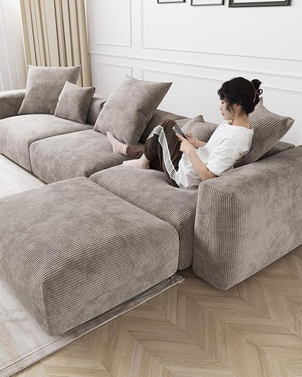 JACH Modern Sectional Couch Sofa, Corduroy Modular Sectional Couch with Chaise Ottoman, Cushion Covers Removable, Oversized Soft Couches for Living Room, Office (Light Brown)