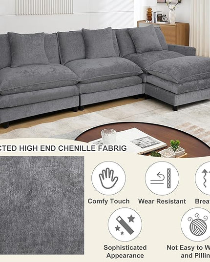 Modular Sectional Sofa,108.27'' Modern Sofa Sleeper Couch with 3 Seat & 1 Ottoman & 3 pillows Sofa Set,Comfy Cloud Couches with Movable Ottoman Deep Seat Sofa for Living Room Chenille (Gray, L Shaped)