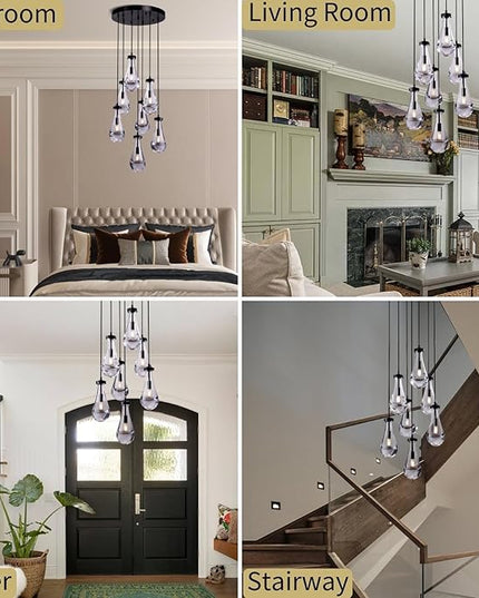 Modern 7-Light Raindrop Chandelier, Bronze Finish Teardrop Cluster Pendant Light for Kitchen Island, Dining Room Over Table Adjustable Hanging Fixture for High Ceilings, Entryway & Staircase