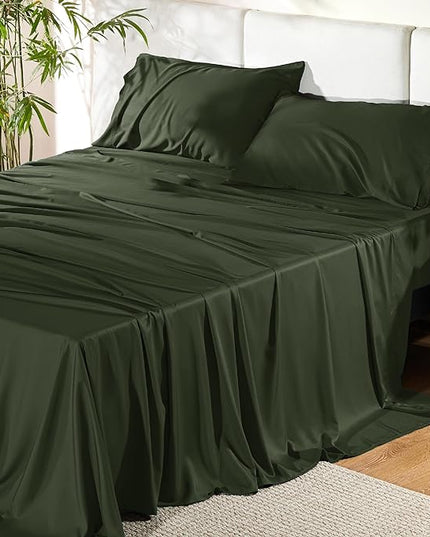 Bedsure Queen Sheet Set, Rayon Derived from Bamboo, Cooling Sheets, Breathable & Soft, Deep Pocket Up to 16 Inches, Hotel Luxury Silky Bedding for Hot Sleepers, Olive Green