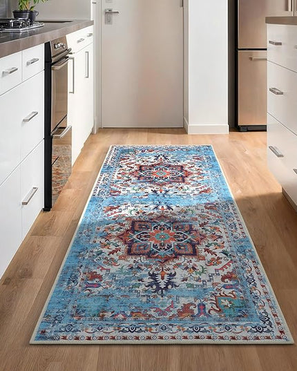 GLN Rugs Traditional Collection - Machine Washable Area Rug, Traditional Washable, Non Slip, Low Pile Chenille Rug, Living Room, Bedroom, Kitchen Rug (2'6"x10' Blue)
