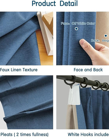 LETAU Navy Linen Texture Curtains 84 inches Long, Pleated 100% Blackout Privacy Curtains Panels Drapery, 26" W x 84" L, 2 Panels