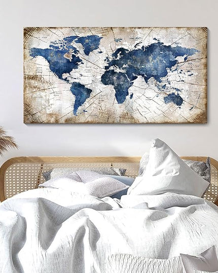 World Map Canvas Wall Art Abstract Navy World Maps for Wall Vintage Modern Wall Art for Office Framed Pictures for Living Room Bedroom Wall Decoration for Home Office Decor Artwork for Walls 20x40IN