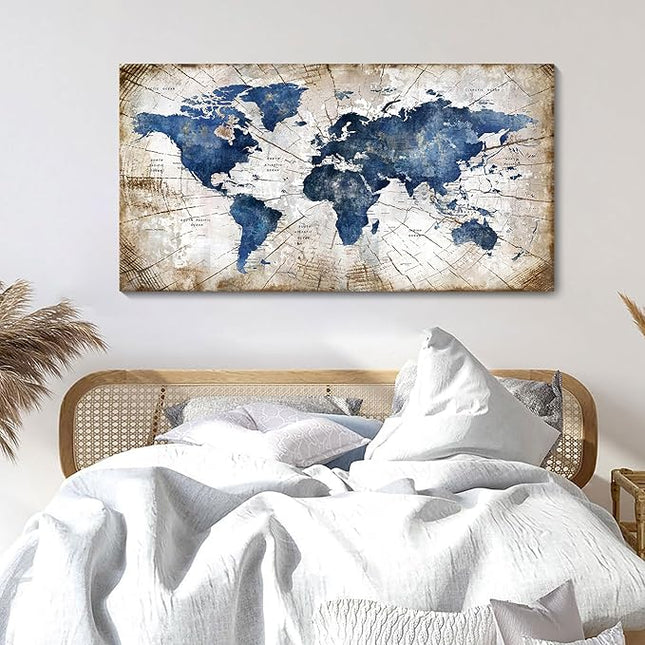 World Map Canvas Wall Art Abstract Navy World Maps for Wall Vintage Modern Wall Art for Office Framed Pictures for Living Room Bedroom Wall Decoration for Home Office Decor Artwork for Walls 20x40IN