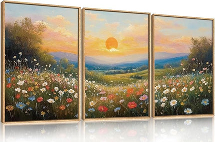 HOURIA Watercolor Sunset Floral Meadow Landscape Framed Canvas Wall Art Set,Boho Vibrant Colorful Wildflower Decor,Modern Nature Inspired Scenery Artwork for Living Room,Bedroom,Farmhouse-24 x36 x3