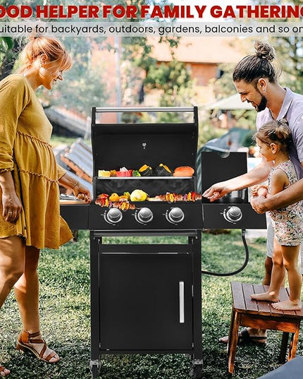 Q042-3-Burner w/Side Burner Gas Grill with 241 SQ.IN. Outdoor Grill with 36,000 BTU,Propane Grills with Top Cover Lid,Grills Outdoor Cooking for Patios,Balcony,Camping,Garden
