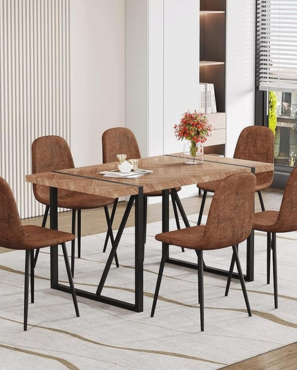 FURNITO 7 Piece Dining Table Set for 6, 55" Wooden Kitchen Table with Upholstered Chairs, Mid Century Modern Rectangular Dining Room Set, Rustic Table and Chairs Set for Kitchen or Living Room