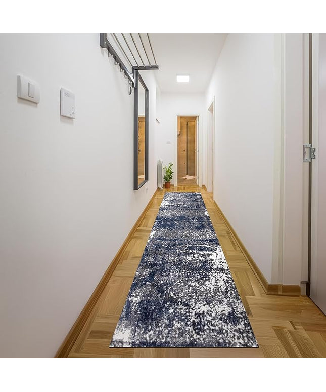 Keen Home Design Area Rugs - 2x16 Non-Shedding, Abstract Rugs for Kitchen, Living Room, Bedroom, Dining Room, Entryway - Size: 2'8" x 16', Navy/Grey/White