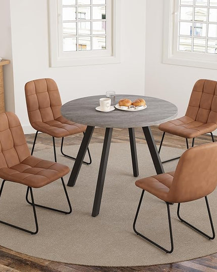 34.6'' Dining Table and Chairs for 4, Mid Century Modern Round Table Set, Space Saving for Apartment Kitchen Dining Room (Grey Table+4 U-Shaped Brown Chairs)