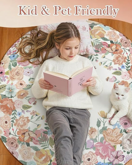 Wonnitar Washable 4ft Round Area Rug, Camellia Floral Living Room Rugs for Bedroom Girls, Low Pile Soft Flower Throw Carpet for Kids Nursery Room (Beige,4ft Round)