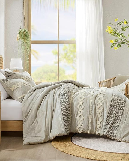 Hyde Lane Boho Gray Comforter Set King, Farmhouse Bedding Sets, Cotton Top with Modern Neutral Style Clipped Jacquard Stripes, 3-Pieces Including Matching Pillow Shams (104x90 Inches)