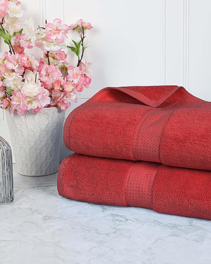 Superior Egyptian Cotton Pile Bath Sheet Set of 2, Ultra Soft Luxury Towels, Thick Plush Essentials, Absorbent Heavyweight, Guest Bath, Hotel, Spa, Home Bathroom, Shower Basics, Red