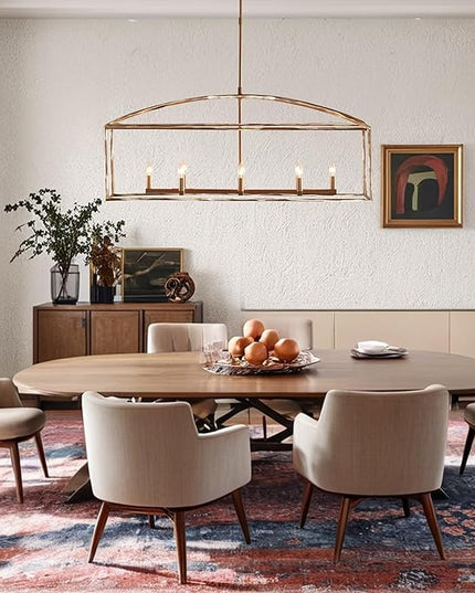 Farmhouse Iron Linear Chandelier, Industrial Cage Adjustable Height Hanging Lamp with Hammered Metal Finish, Light Fixtures for Kitchen Island, Dining Room, Hallway, Foyer, Entryway (Brass)