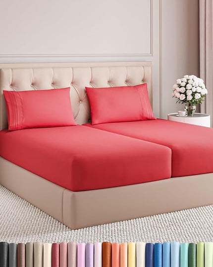 Split King Size 5 Piece Sheet Set - Comfy Breathable & Cooling Bed Sheets Set - Hotel Luxury Bedding for Women, Men, Kids, Teens, Boys & Girls - Deep Pockets, Ultra-Soft, Wrinkle Free - Oeko-Tex - Red