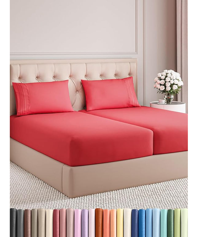 Split King Size 5 Piece Sheet Set - Comfy Breathable & Cooling Bed Sheets Set - Hotel Luxury Bedding for Women, Men, Kids, Teens, Boys & Girls - Deep Pockets, Ultra-Soft, Wrinkle Free - Oeko-Tex - Red