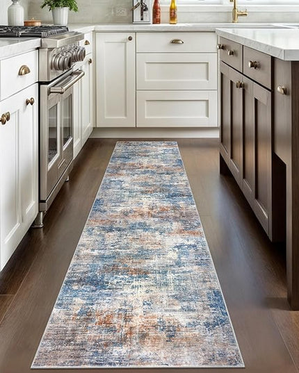 IOHOUZE Abstract Runner Rug 2x8 Ft Washable Runners for Hallways, Non Slip Kitchen Runner Printed Faux Wool Entryway Runner Indoor, Modern Abstract Floor Carpet for Hall Bedroom, Blue Rust