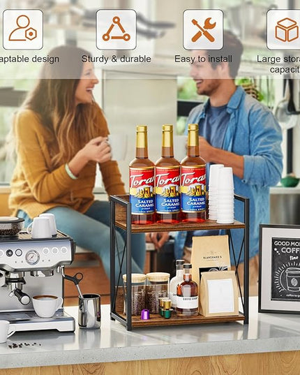 Giikin Kitchen Counter Shelf, Kitchen Countertop Organizer, 2 Tier Spice Rack for Counter, Wood Coffee Bar Organizer for Coffee Station (Brown, L)