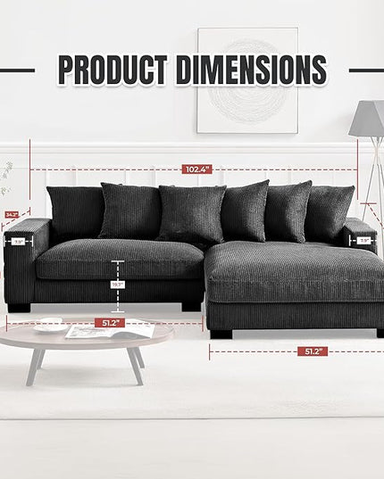 Luxe Oversized Two-Piece Sectional Couches for Living Room, 102.4-Inch L Shaped Sofa with Chaise, Upholstered with Corduroy Fabric, Black - Right Facing