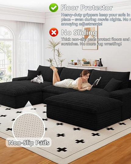 107" Cloud Couch Modular Sectional Sofa for Living Room, U-Shape Boneless Couch with Deep Seat, Modern Corduroy 3-Seater with Ottoman, No Assembly Required (Black,Left-Facing Chaise)
