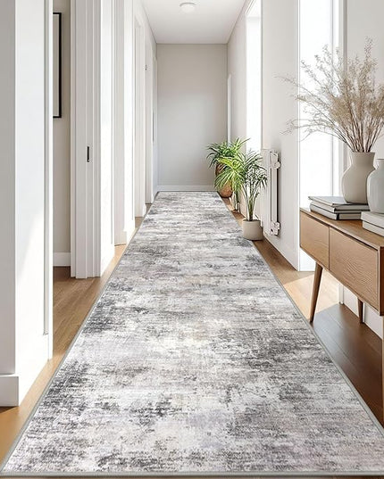 IOHOUZE Abstract Runner Rug 3x18 Ft Washable Runners for Hallways, Non Slip Kitchen Runner Printed Faux Wool Entryway Runner Indoor, Modern Abstract Floor Carpet for Hall Stair, Grey Beige
