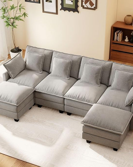 Ihanherry 106" U-Shaped Modern Sofa Modular Sectional Cloud Couch 6-Seat Chenille Seat Sofa with Ottoman for Living Room, Bedroom and Apartment, Grey