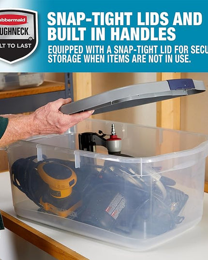Rubbermaid Roughneck Clear 50 Qt/12 Gal Storage Containers, Pack of 5 with Latching Grey Lids, Visible Base, Sturdy and Stackable, Great for Storage and Organization