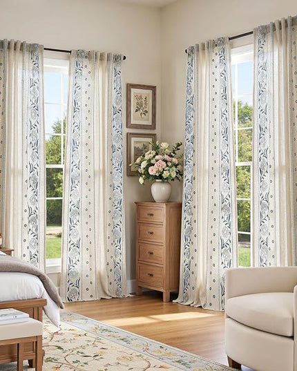 jinchan Winslow 4 Panel Curtains Set 84 Inch Length Embroidered Bordered Floral Curtains for Living Room Farmhouse Decor Light Filtering Window Treatments Blue on Beige Drapes 4 Panels