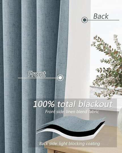 Guken Blue Linen Blackout Curtains 94 Inch Length 2 Panels Set for Living Room Bedroom Back Tab Thermal Insulated 100% Black Out Linen Drapes Room Darkening Window Curtains 94 Inches Long Dusty Blue