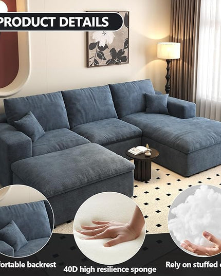 107'' U-Shaped Modern Modular Sectional Cloud Couch Whit Ottoman, 4-Seat Chenille Deep-Seat Sofa with Pillow for Living Room, Bedroom, Apartment, Ocean Blue