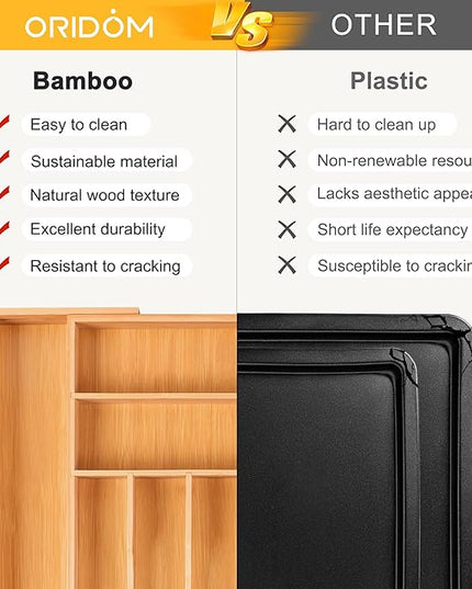 Large Premium Bamboo Silverware Organizer - Expandable Drawer Organizer & Utensil Organizer - 17"x19.7" Cutlery Tray with Dividers for Kitchen Utensils and Flatware (7-9 Slots) (Natural)